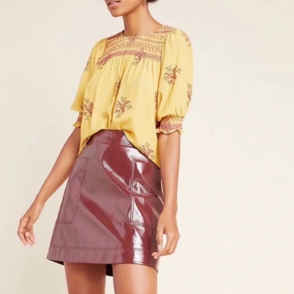 Anthropologie Maeve Wine Faux Patent Leather High Rise Mini Skirt Womens Size 10